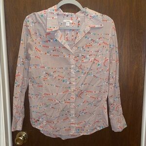 Caslon size S lightweight cotton button-down shirt, tan with colorful print